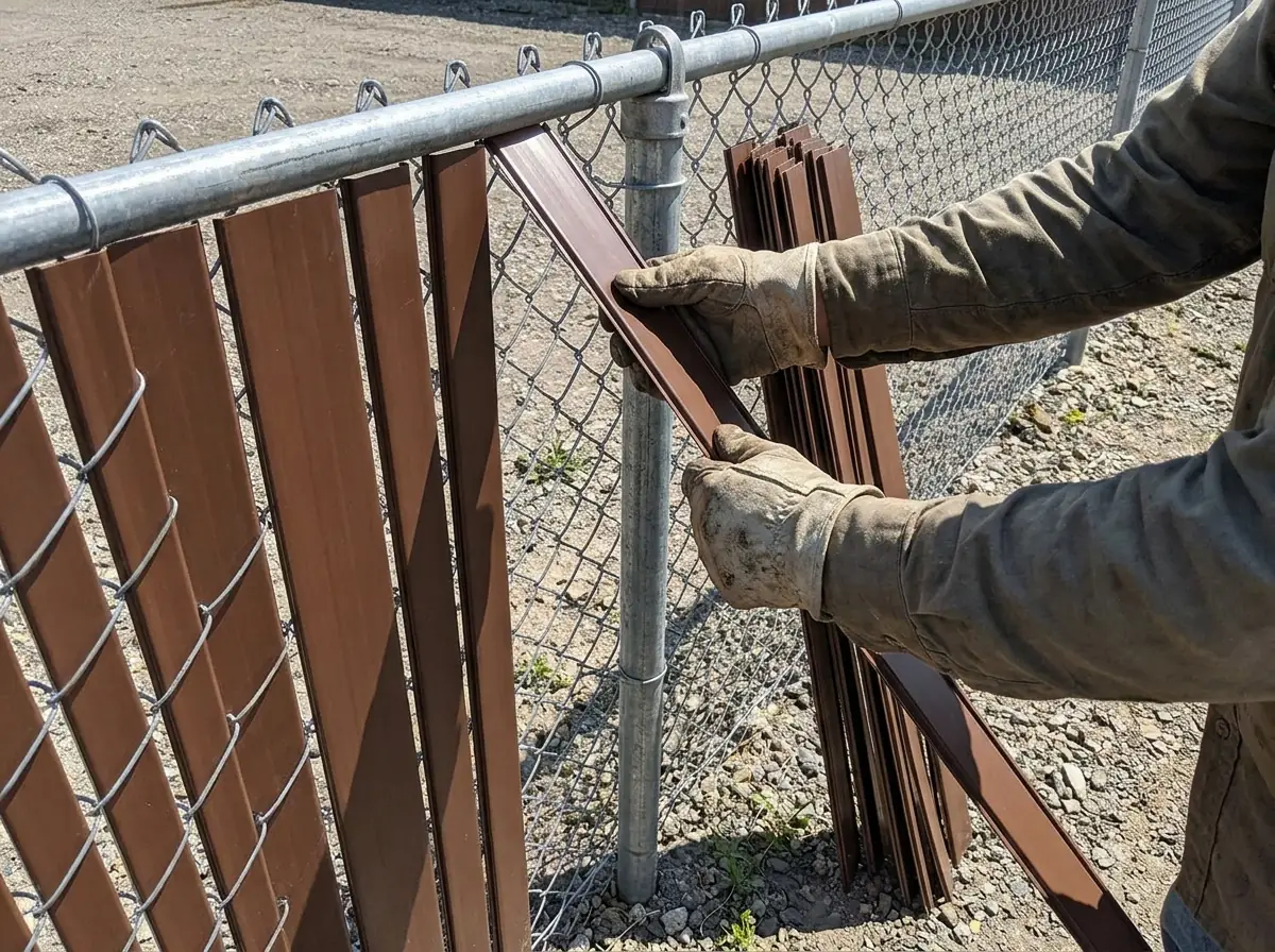 Gloved hands sliding a brown privacy slat down into an existing chain link fence