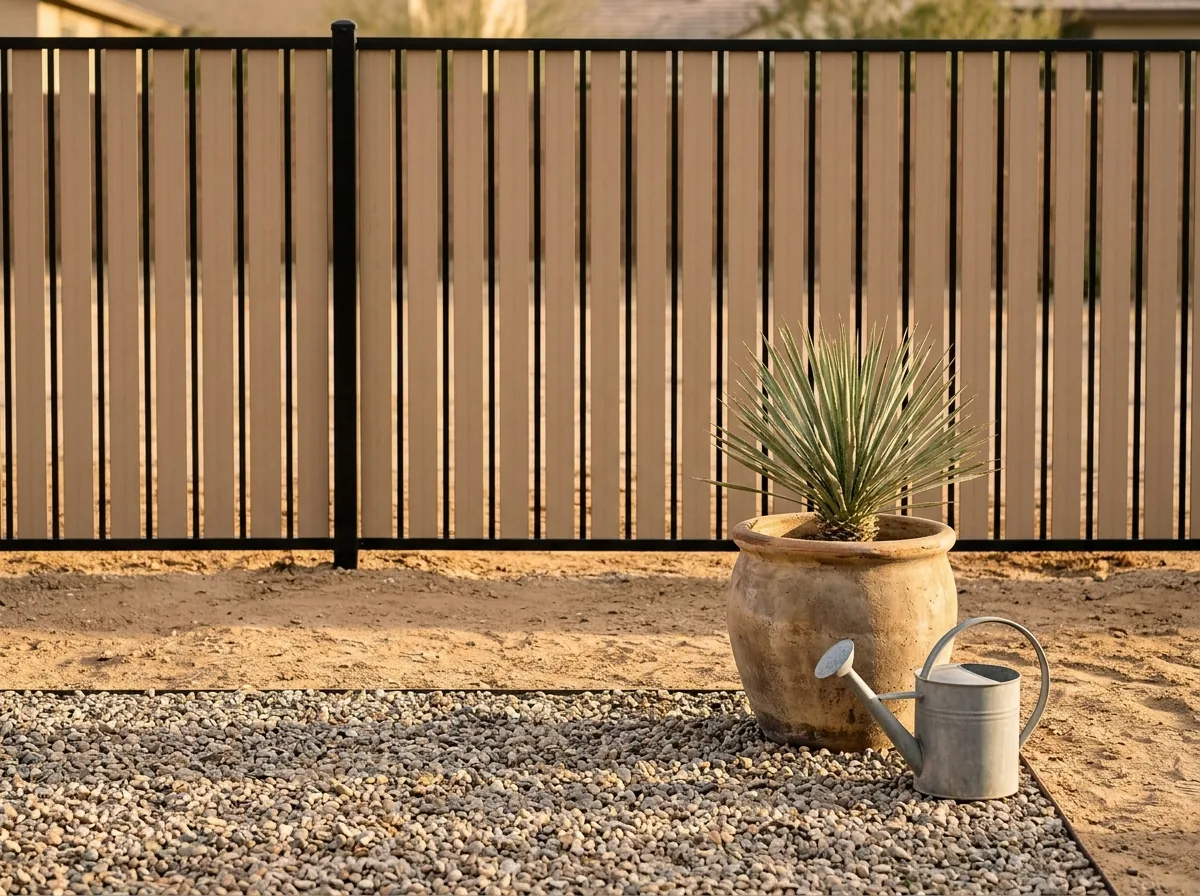 A black steel fence with tan privacy slats fitted between the pickets along a back yard