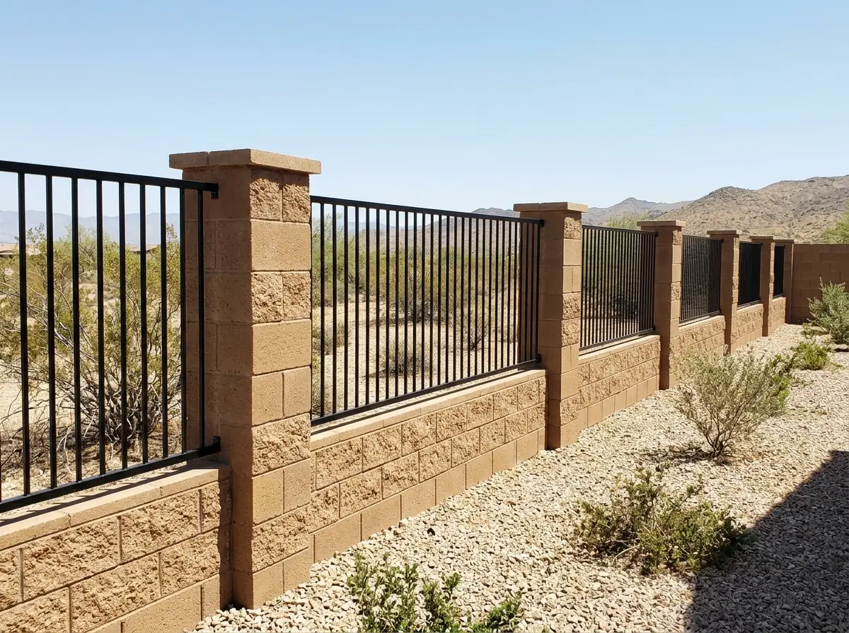 Black iron fence panels set on a low split-face block wall between block columns