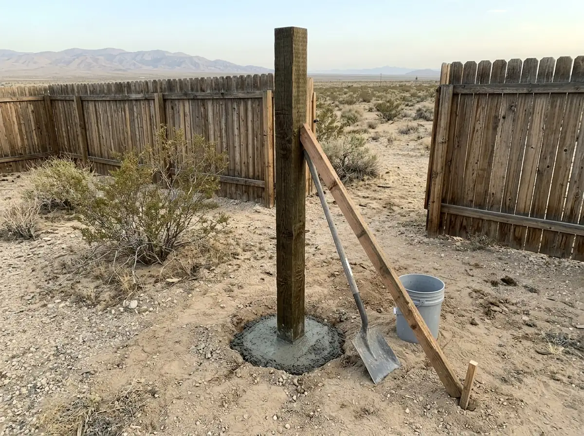 A wood fence post being reset upright in a fresh concrete collar with a temporary brace