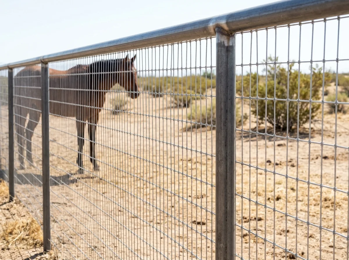 No-climb horse mesh stretched between steel pipe posts with a pipe top rail along a paddock