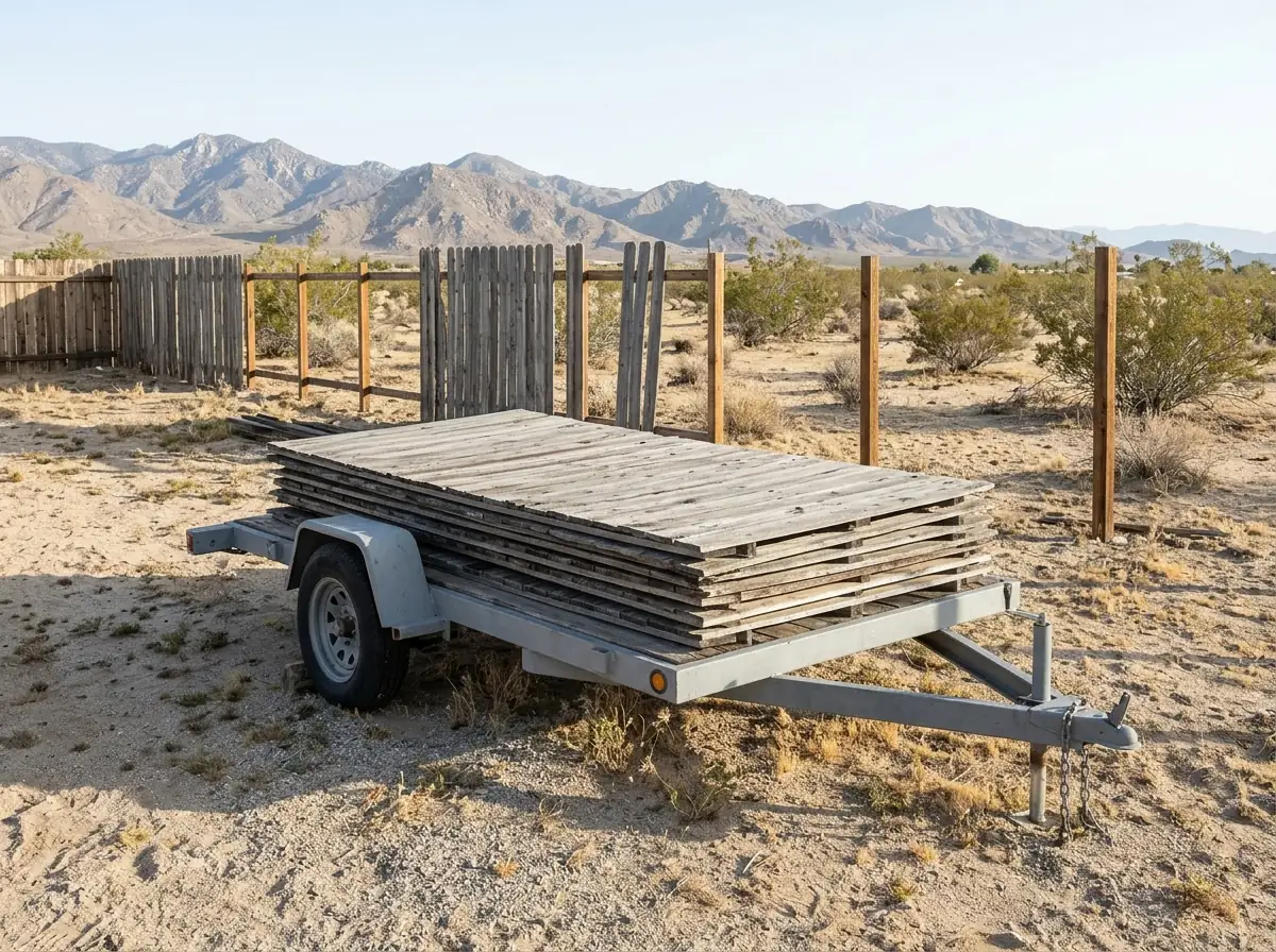 Weathered wood fence panels stacked on a trailer next to a row of bare posts