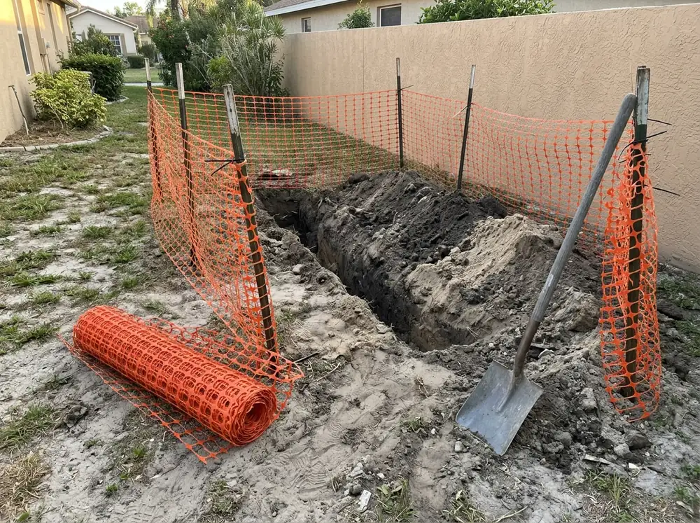 Orange plastic safety fencing staked around a trench in a yard