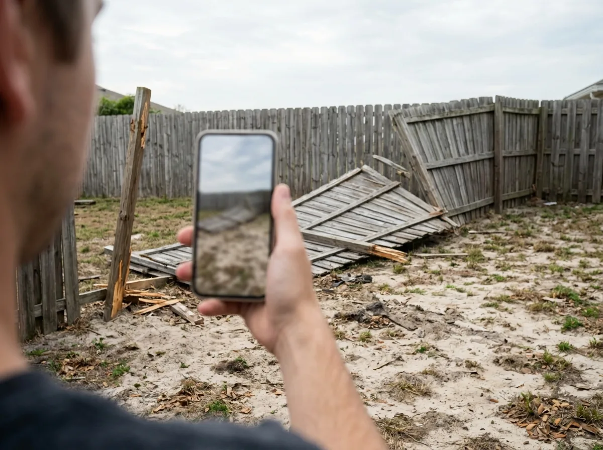 A hand holding a phone up to photograph a blown-down section of wood fence