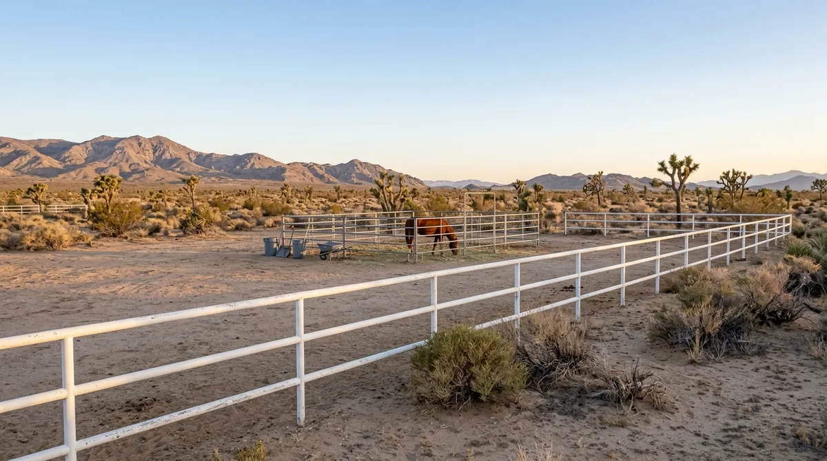 A white steel pipe-rail fence on a large desert lot with a corral and a horse