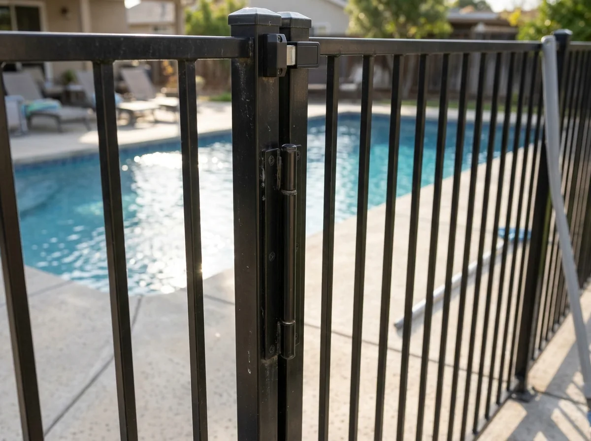 A black pool fence gate with a self-closing hinge and a high latch, pool water behind