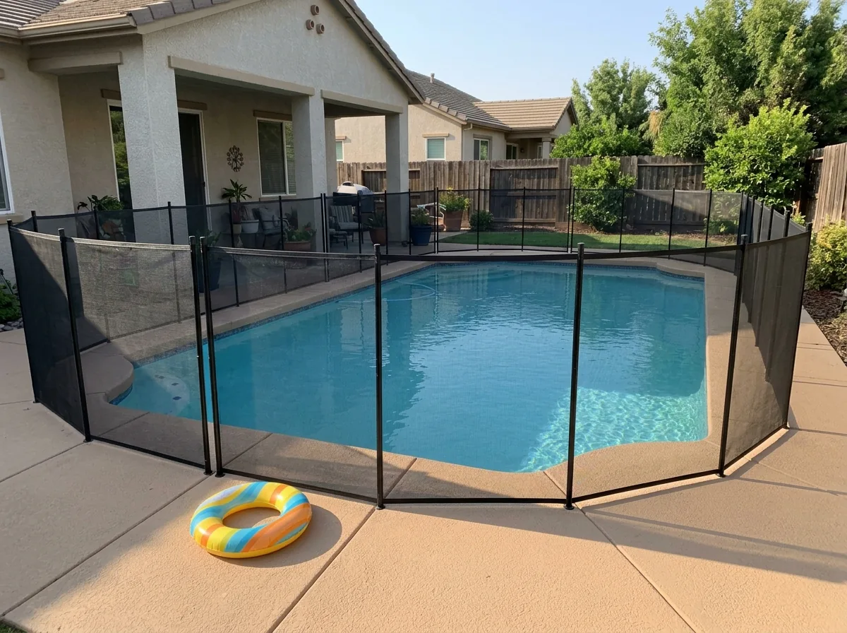 A removable black mesh pool safety fence on poles set into a pool deck