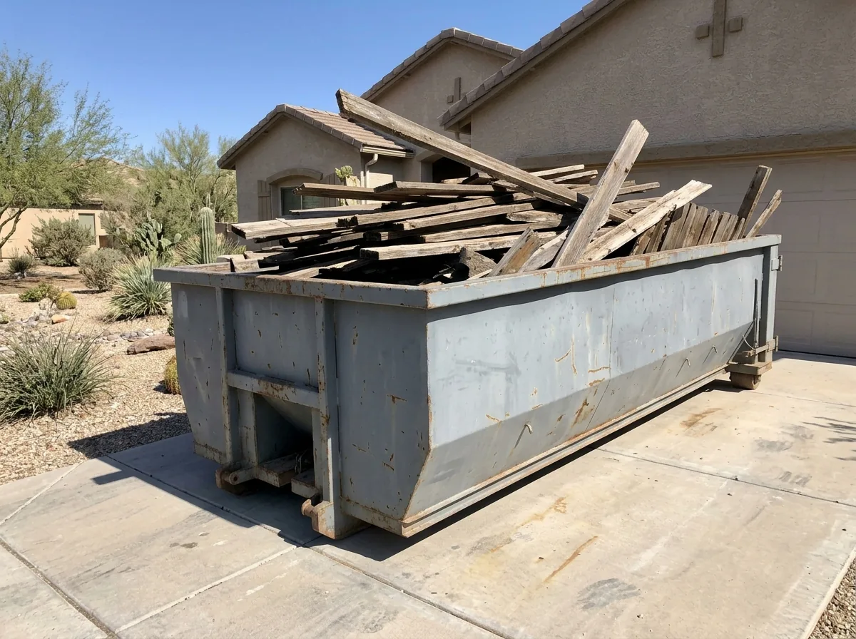 A roll-off dumpster filled with old fence boards and posts parked on a driveway