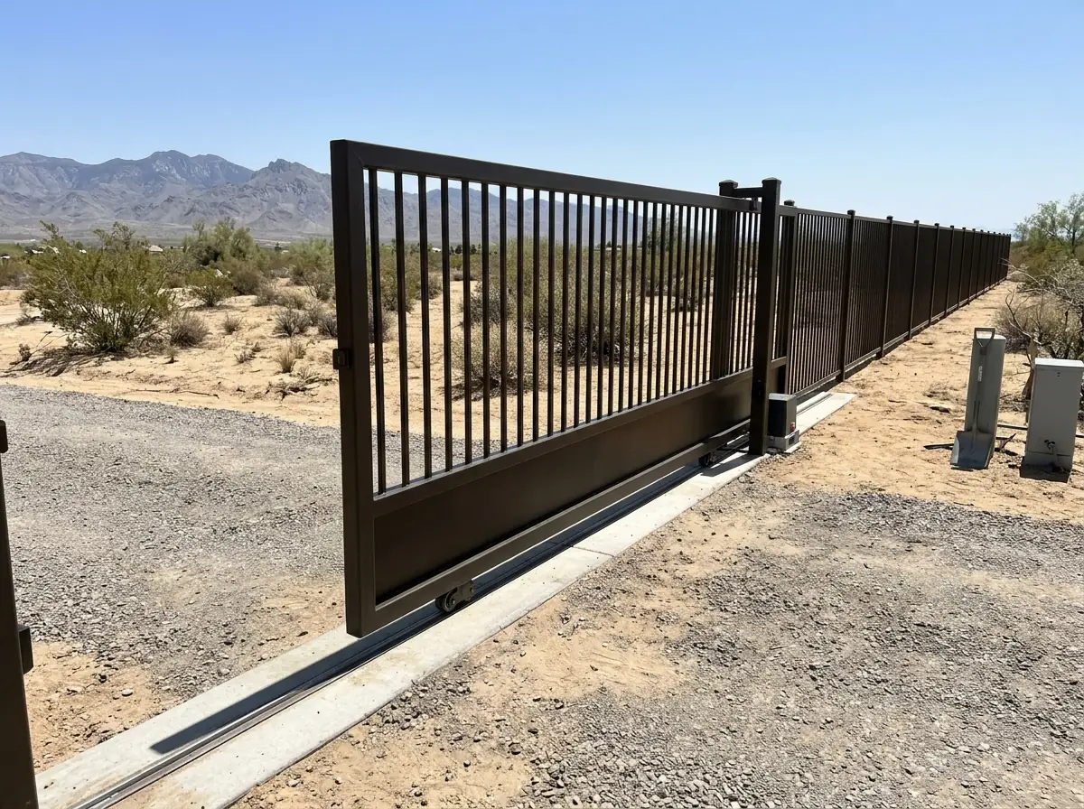 A steel slide gate partly open on a ground track along a gravel driveway