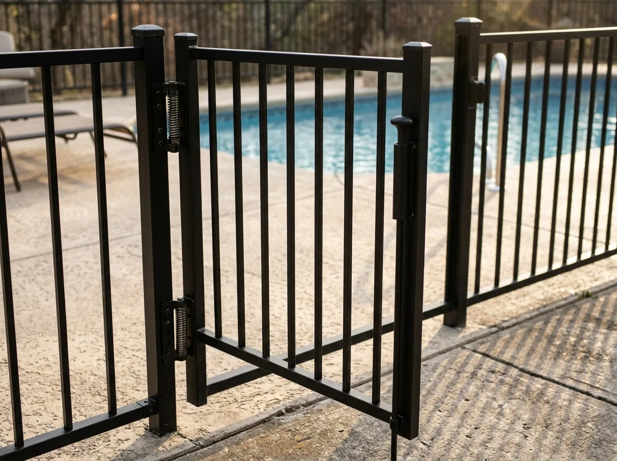 A pool gate with a spring hinge and a tall latch post, opening outward away from the pool