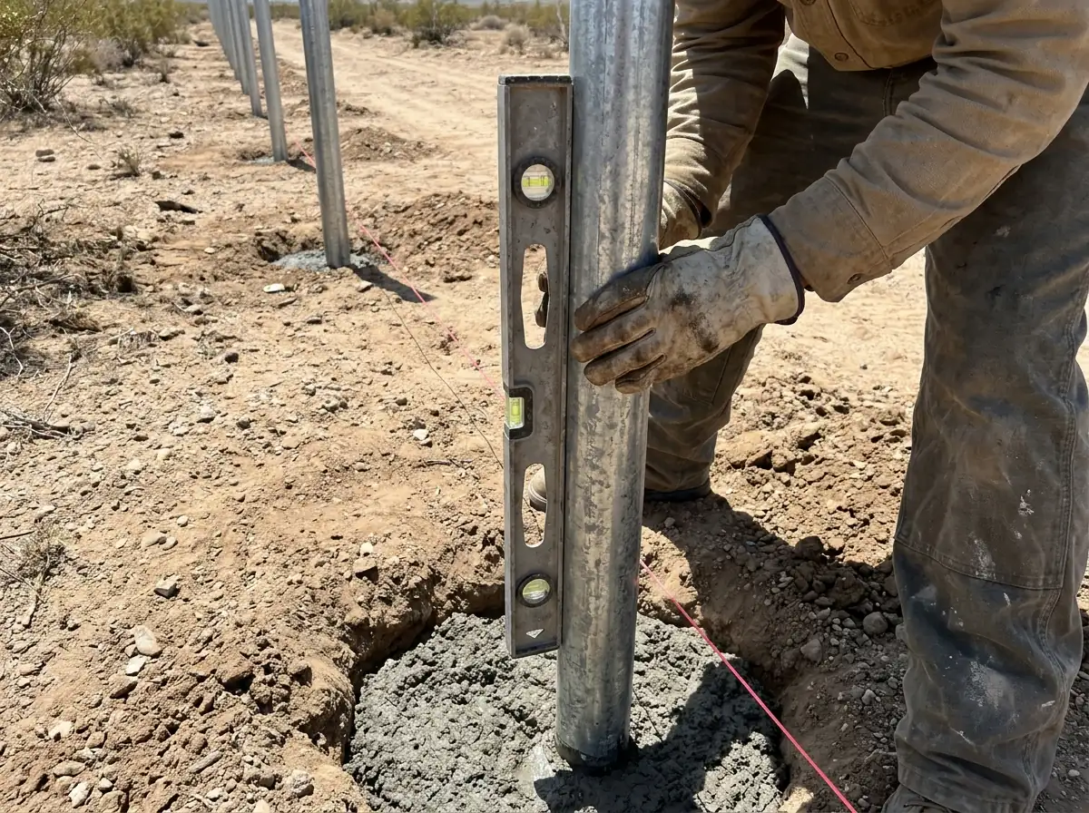 Gloved hands holding a level against a galvanized steel fence post set in fresh concrete, with a string line and more posts behind