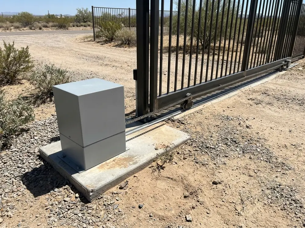 A boxy slide gate operator on a concrete pad with its chain running along a steel gate