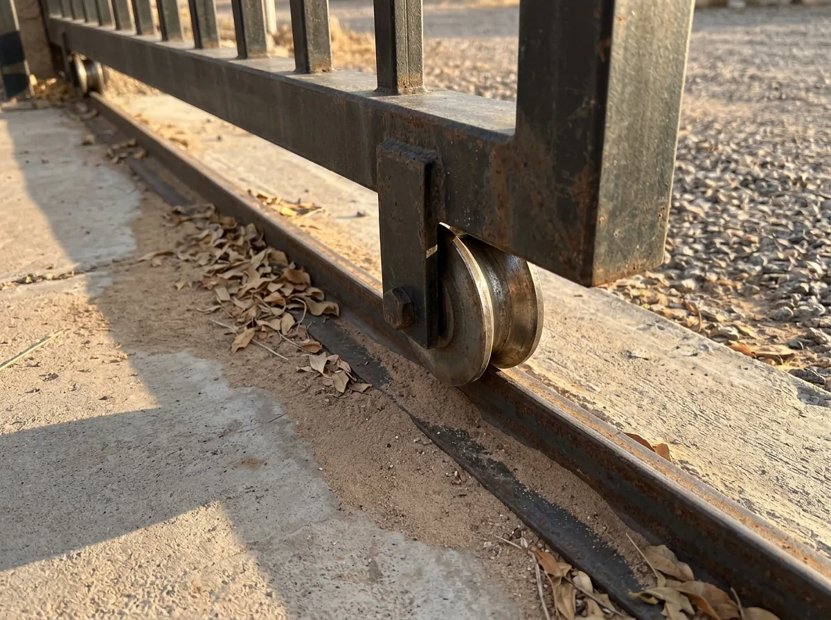 A V-groove wheel of a steel slide gate sitting on an angle-iron track with sand on it