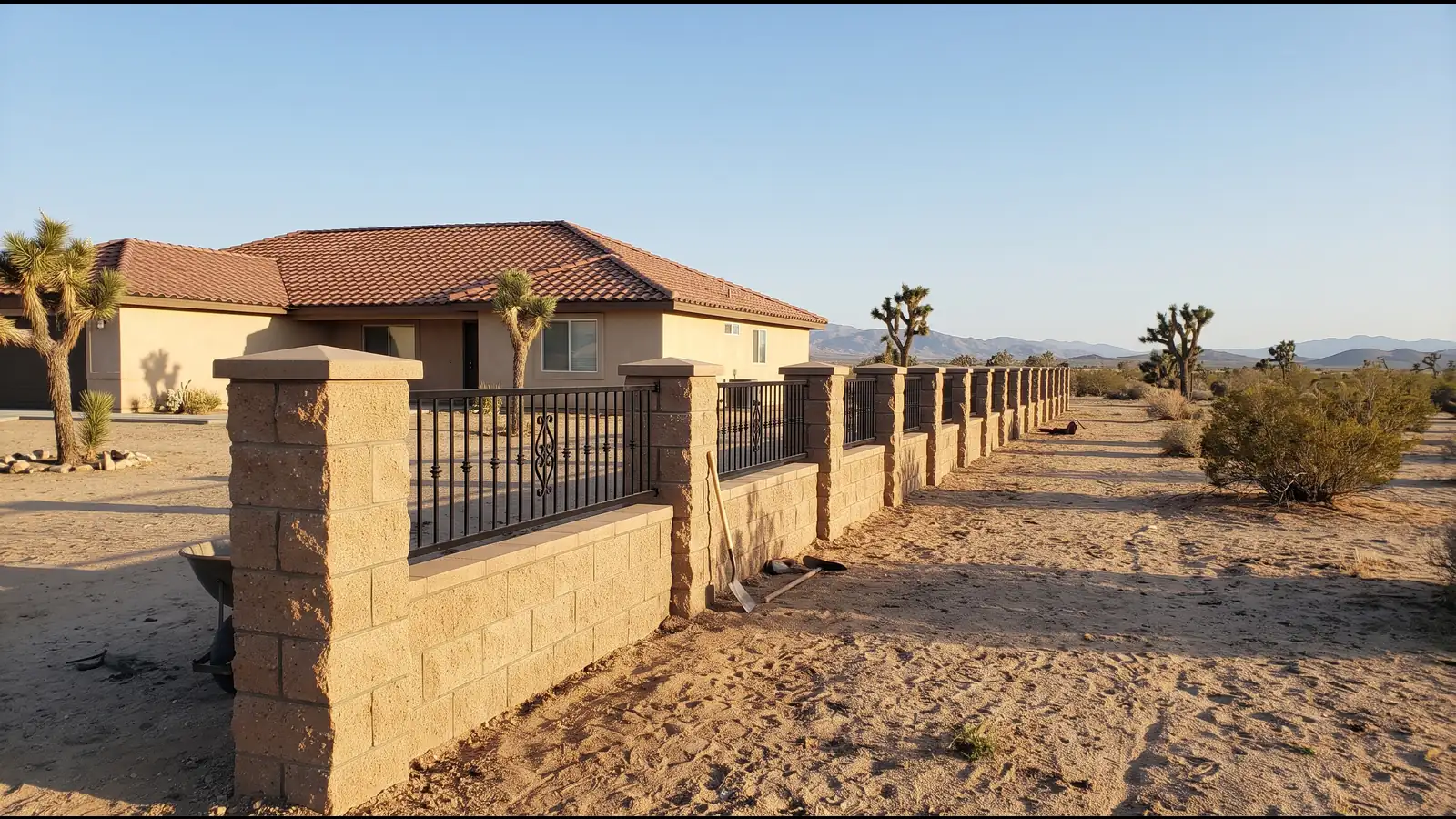 A new tan slump-stone block wall with capped pilasters and black wrought-iron panels in front of a single-story stucco home, Joshua trees in the desert yard