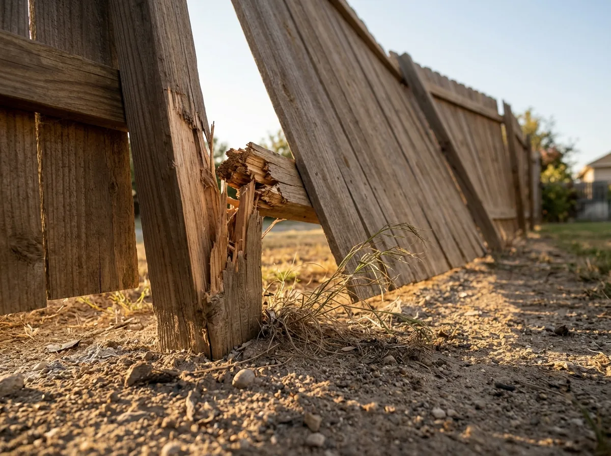 A wood fence post snapped off at ground level with the fence section leaning over it