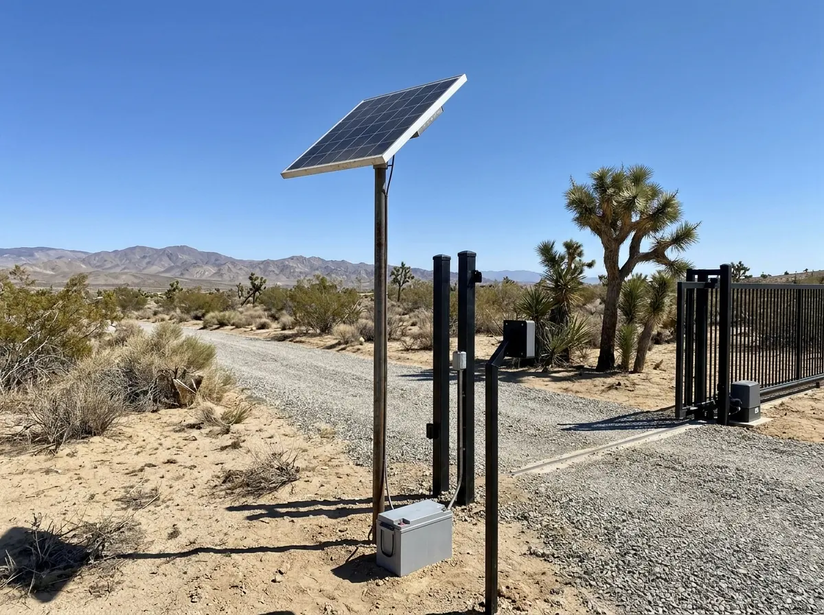 A small solar panel on a pole beside an automated driveway gate, tilted toward the sun