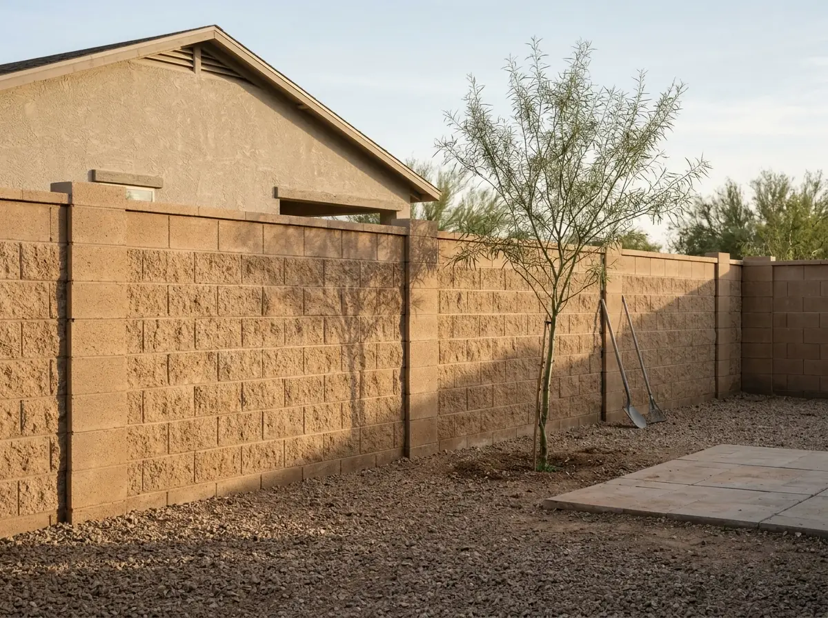 A sand-colored split-face concrete block wall with a precast cap around a gravel back yard