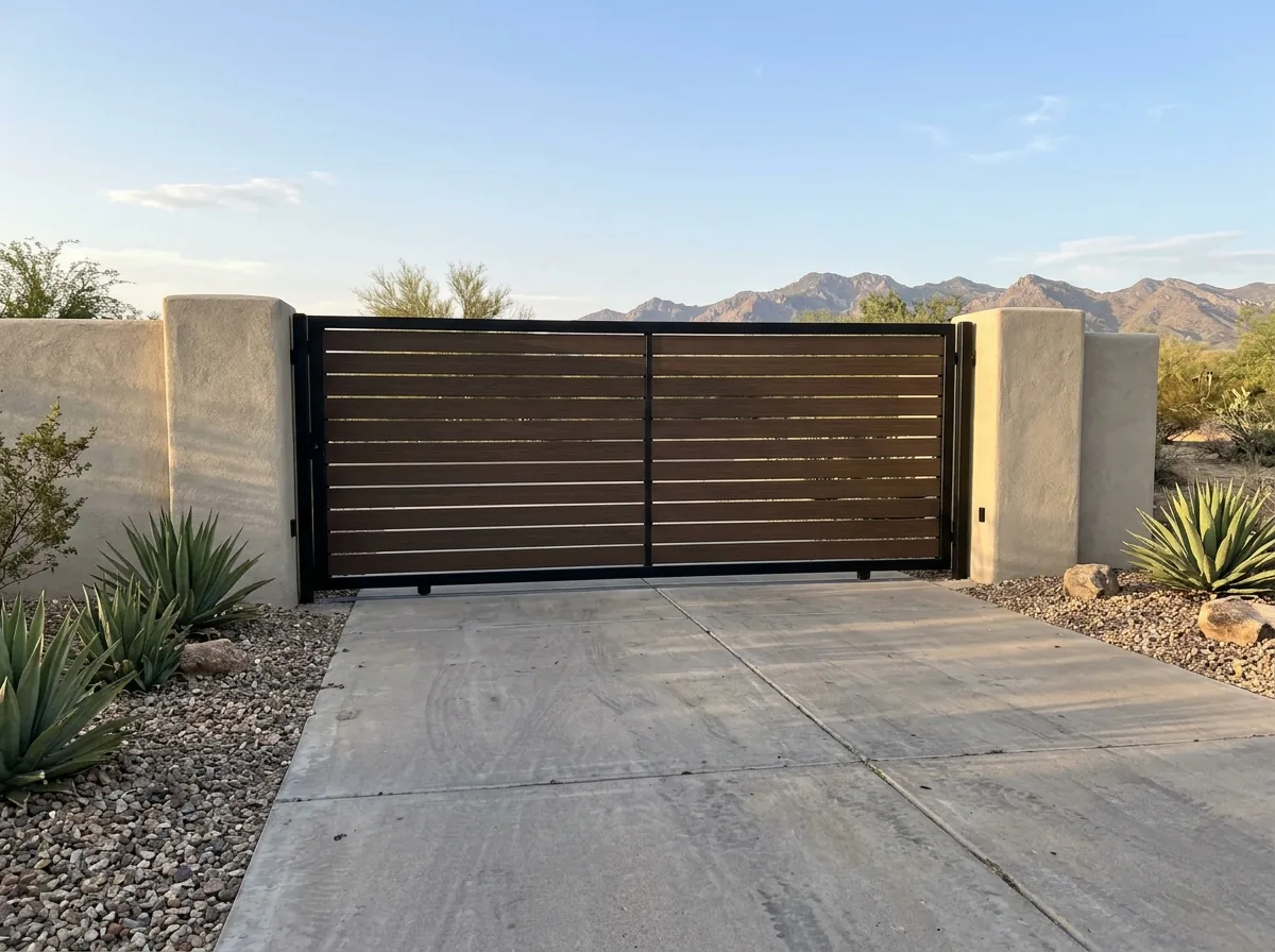 A steel-framed driveway gate filled with horizontal privacy slats