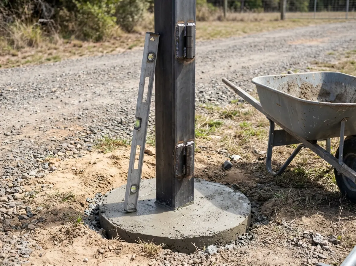 A square steel gate post set in fresh concrete with heavy weld-on hinges attached