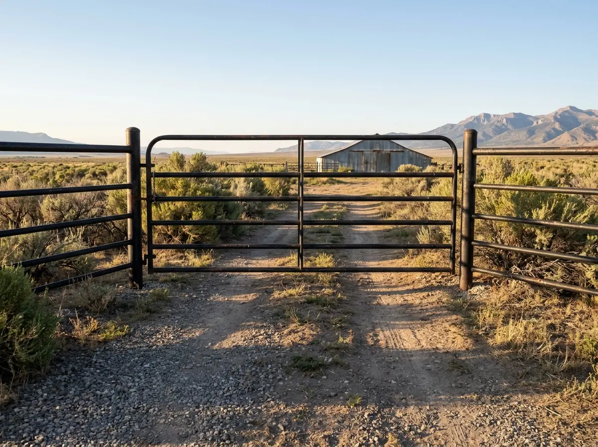 A wide tubular steel ranch gate hung on pipe posts at the entrance to a pasture