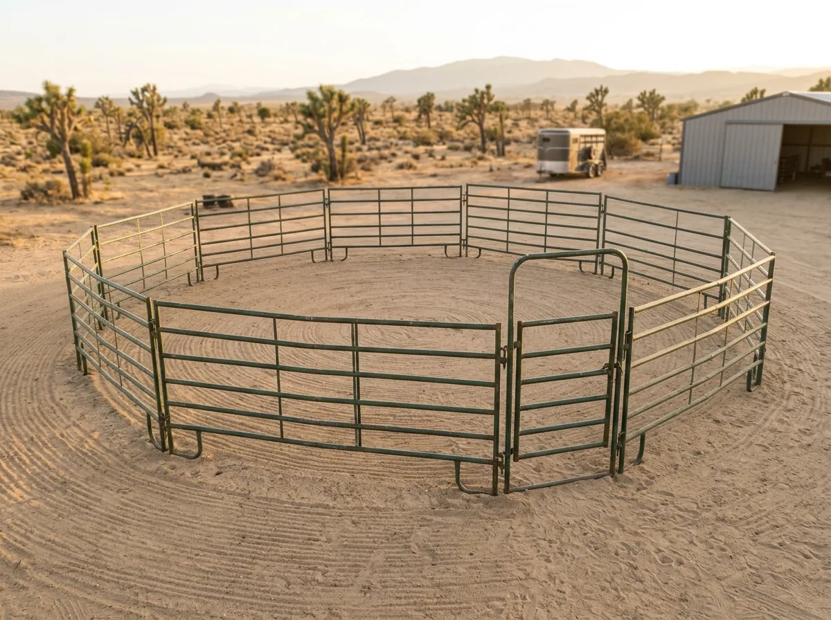 A round pen of welded steel pipe panels on sandy ground with a walk-through gate