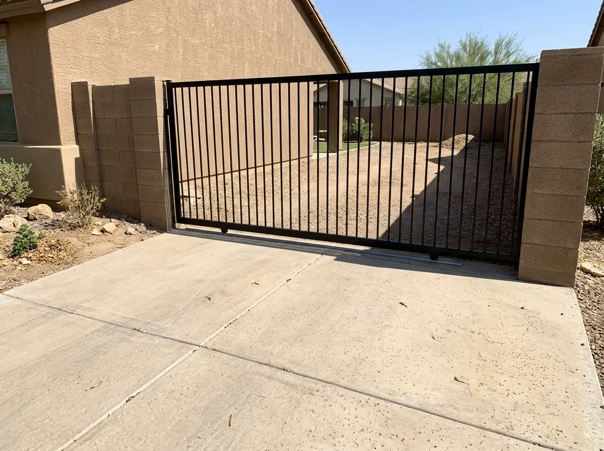 A wide black steel sliding RV gate between block pilasters, half open onto a gravel pad