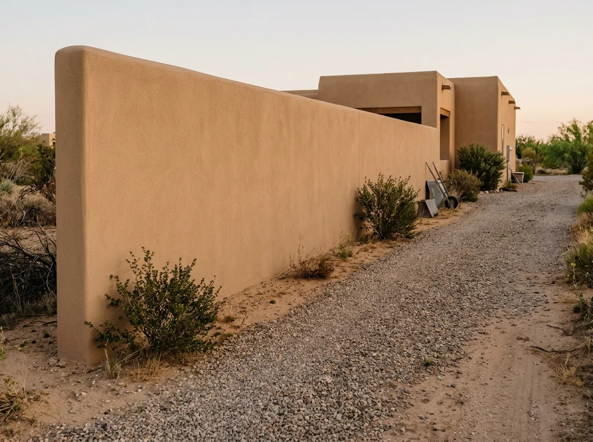 A smooth stucco-finished block wall painted desert tan beside a gravel driveway