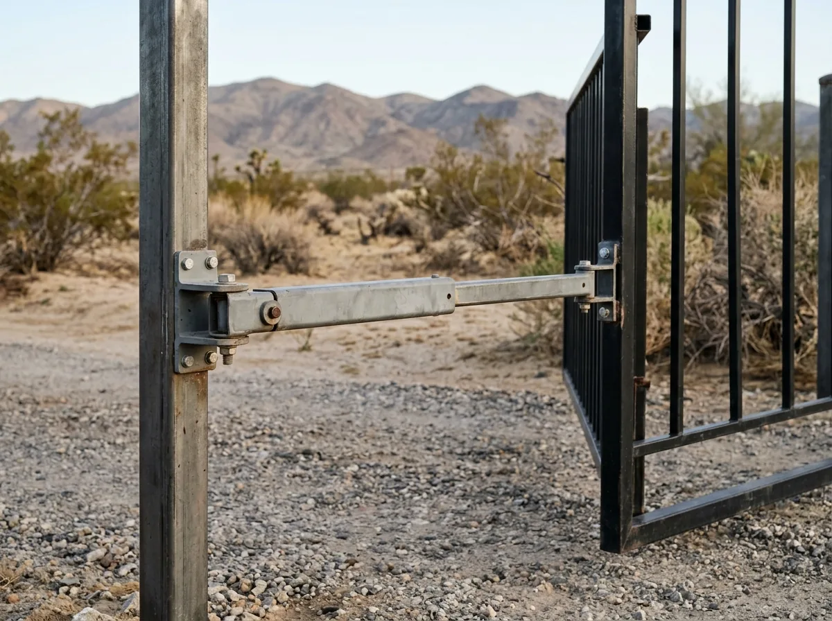 A gray articulated swing gate operator arm mounted between a steel post and a driveway gate