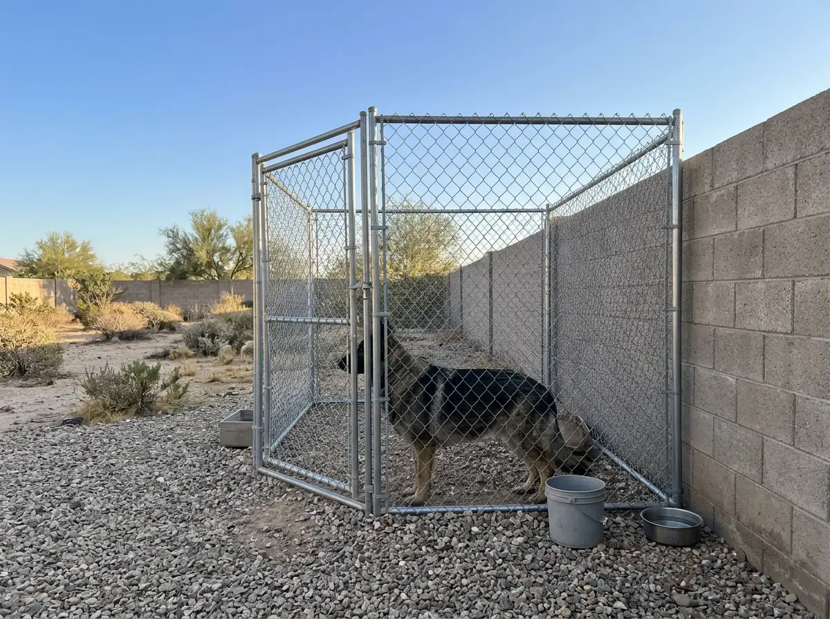 A tall galvanized chain link dog run beside a block wall with a large dog inside