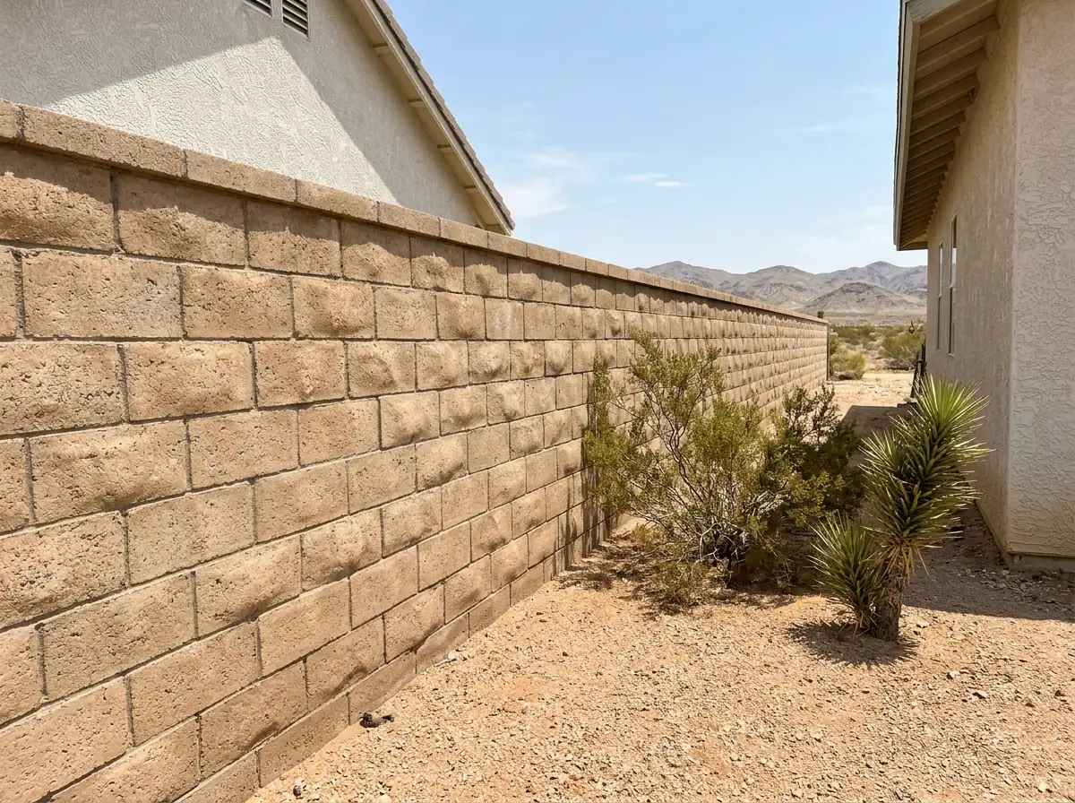 A tan slump stone block wall with a flat cap running along a gravel side yard