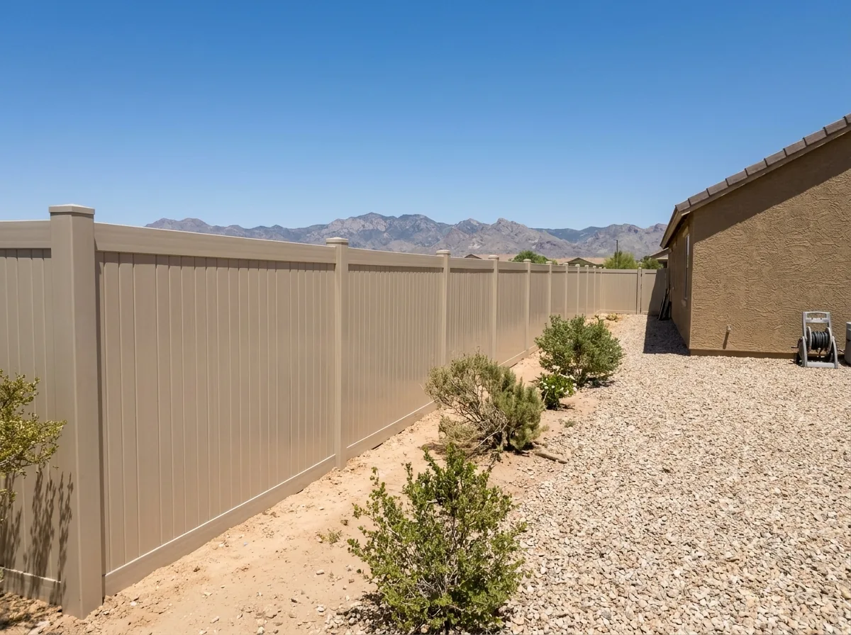 A six-foot tan vinyl privacy fence with tongue-and-groove pickets around a gravel back yard