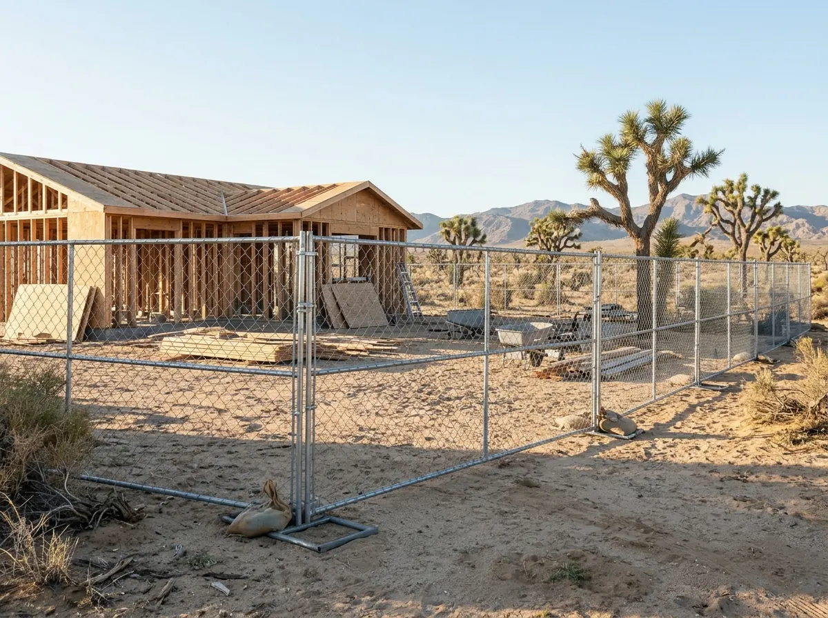 Galvanized temporary chain link panels on weighted stands around a house under construction