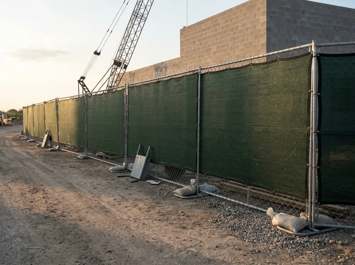 Temporary fence panels covered with green privacy screen along a building site