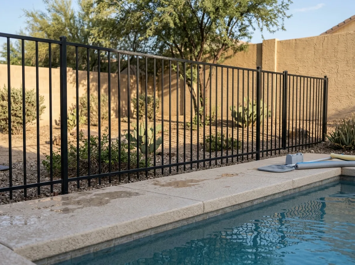 A black tubular steel pool fence seen from the pool side with its horizontal rails facing the water