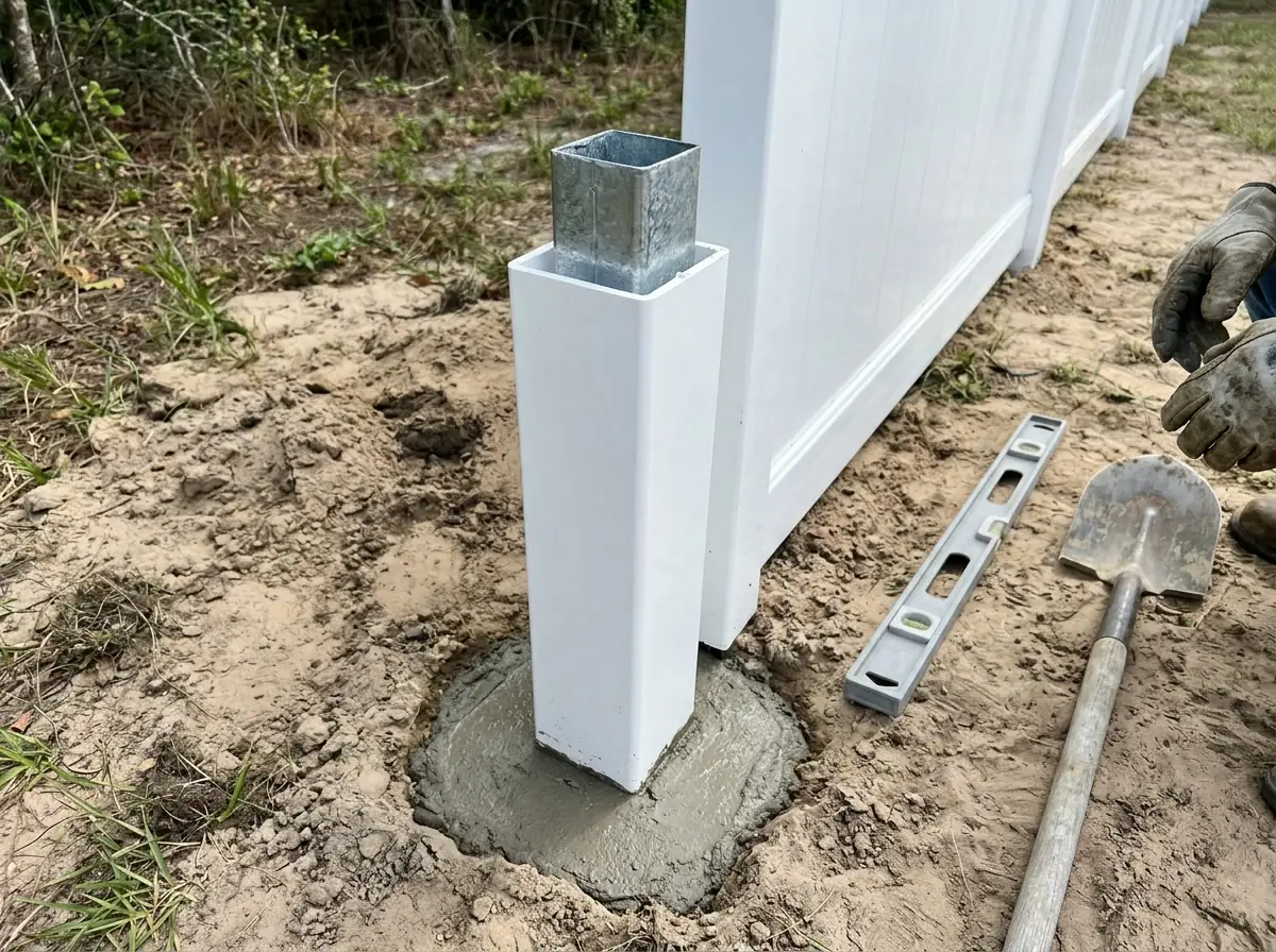 An open vinyl gate post with a steel insert being set in concrete next to a vinyl gate