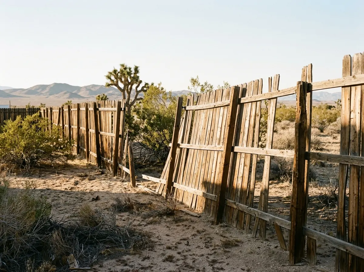 A long run of weathered wood fence sagging at several posts along a sandy yard