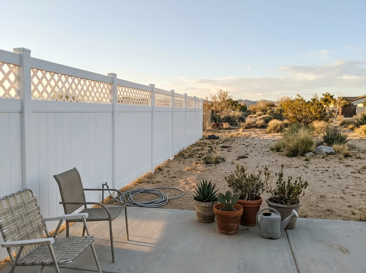 A white vinyl fence with a lattice top section beside a patio