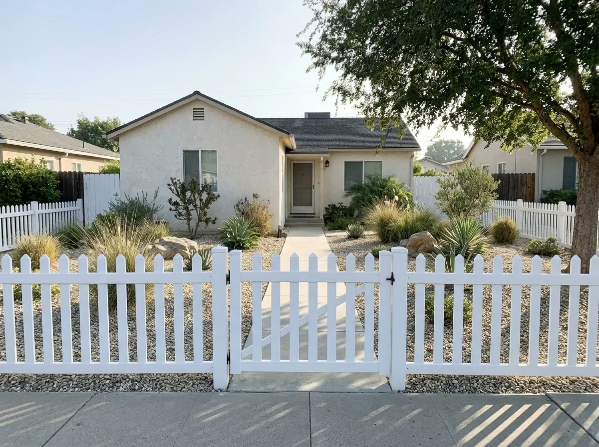 A four-foot white vinyl picket fence with a matching gate at a front walk