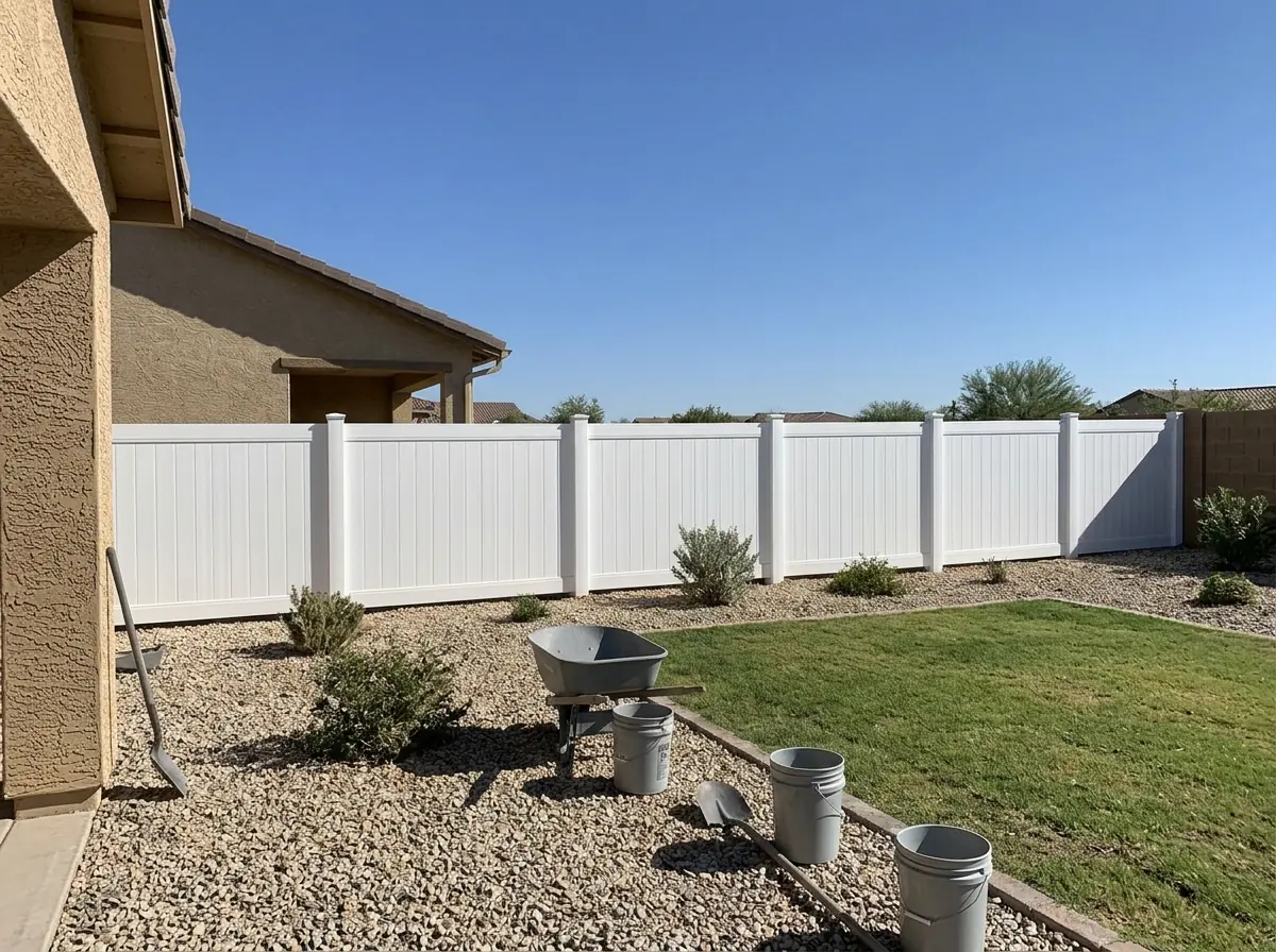 A new six-foot white vinyl privacy fence with post caps around a back yard