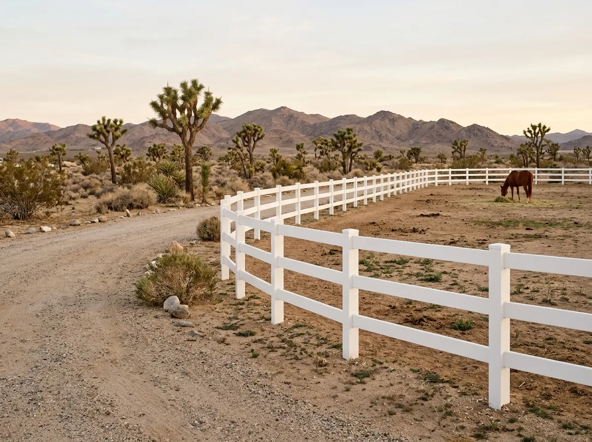 A white three-rail vinyl ranch fence along a dirt horse paddock