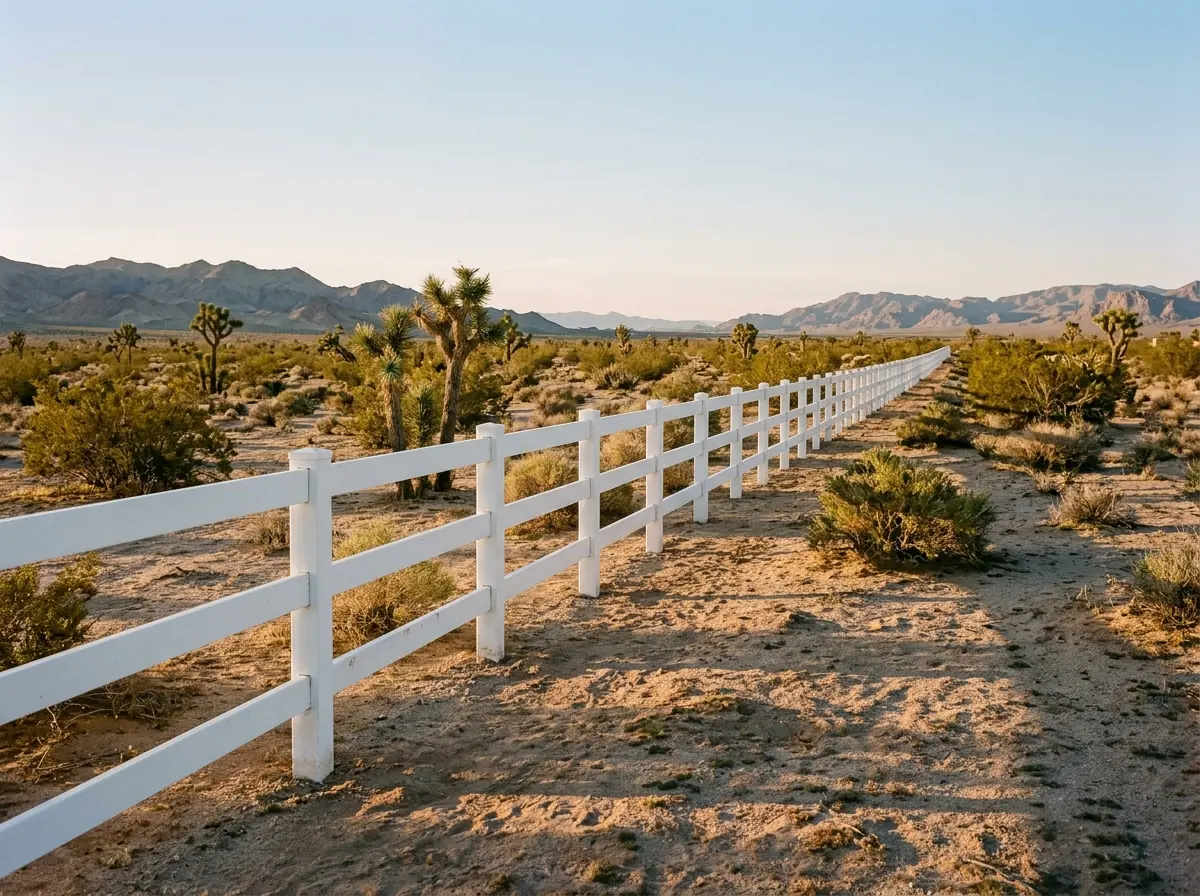 A white three-rail vinyl ranch fence along a large sandy lot