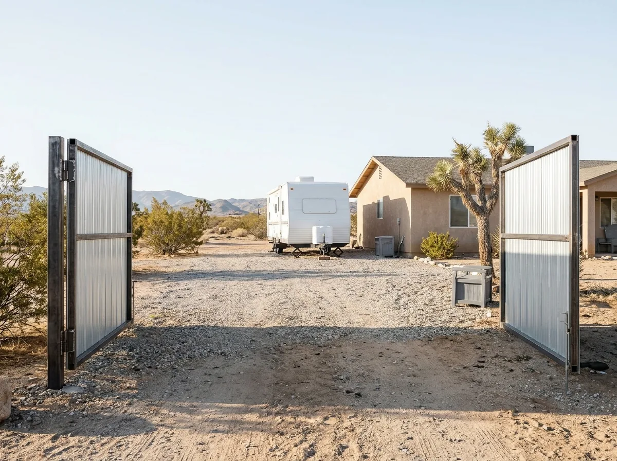 A wide steel RV gate standing open beside a gravel pad with a travel trailer parked behind