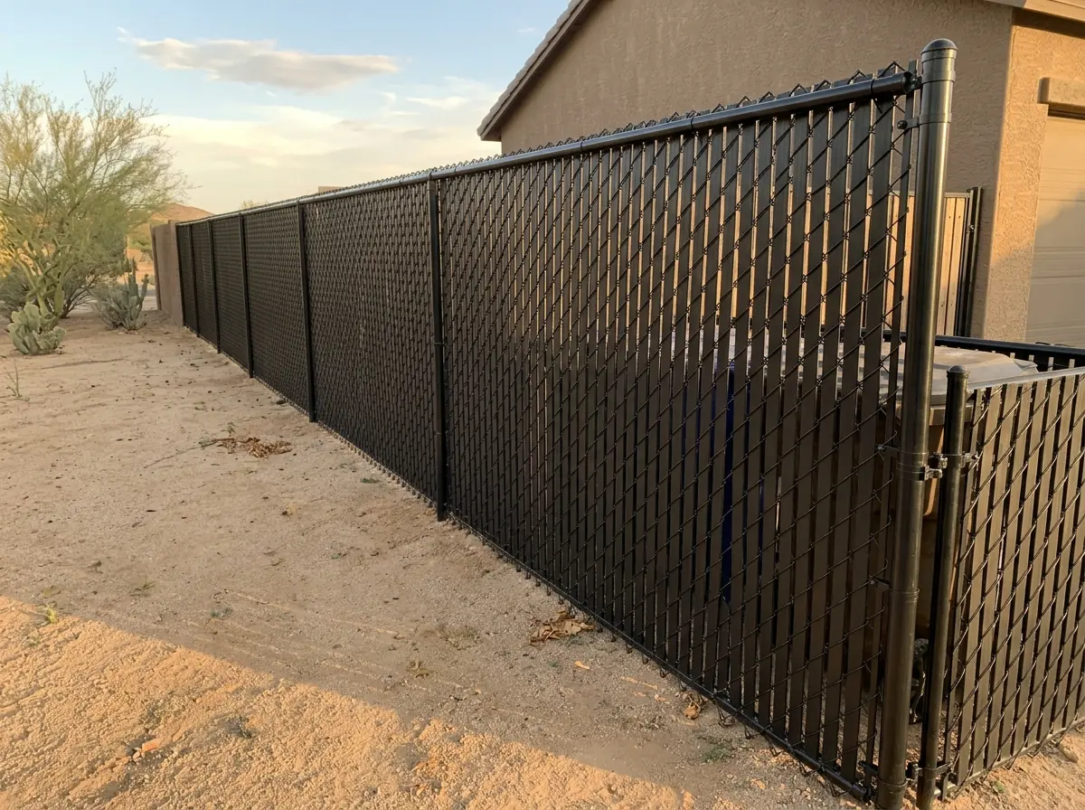 Black winged privacy slats filling a black vinyl-coated chain link fence along a side yard