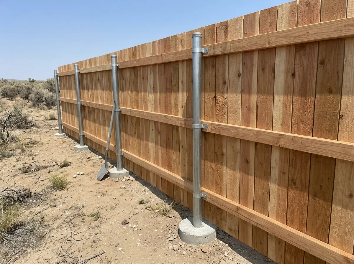Wood fence boards attached to galvanized steel posts, seen from the back side