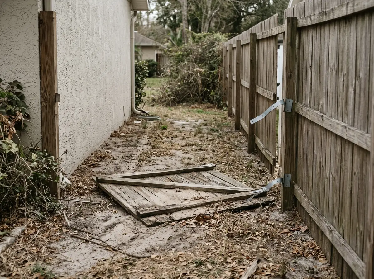A wood side gate torn from its hinges and lying in the dirt beside an open gap in the fence
